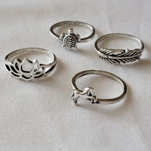 Lot of Four Fashion Rings | Nature Themed Feather Lotus Flower Horse Turtle